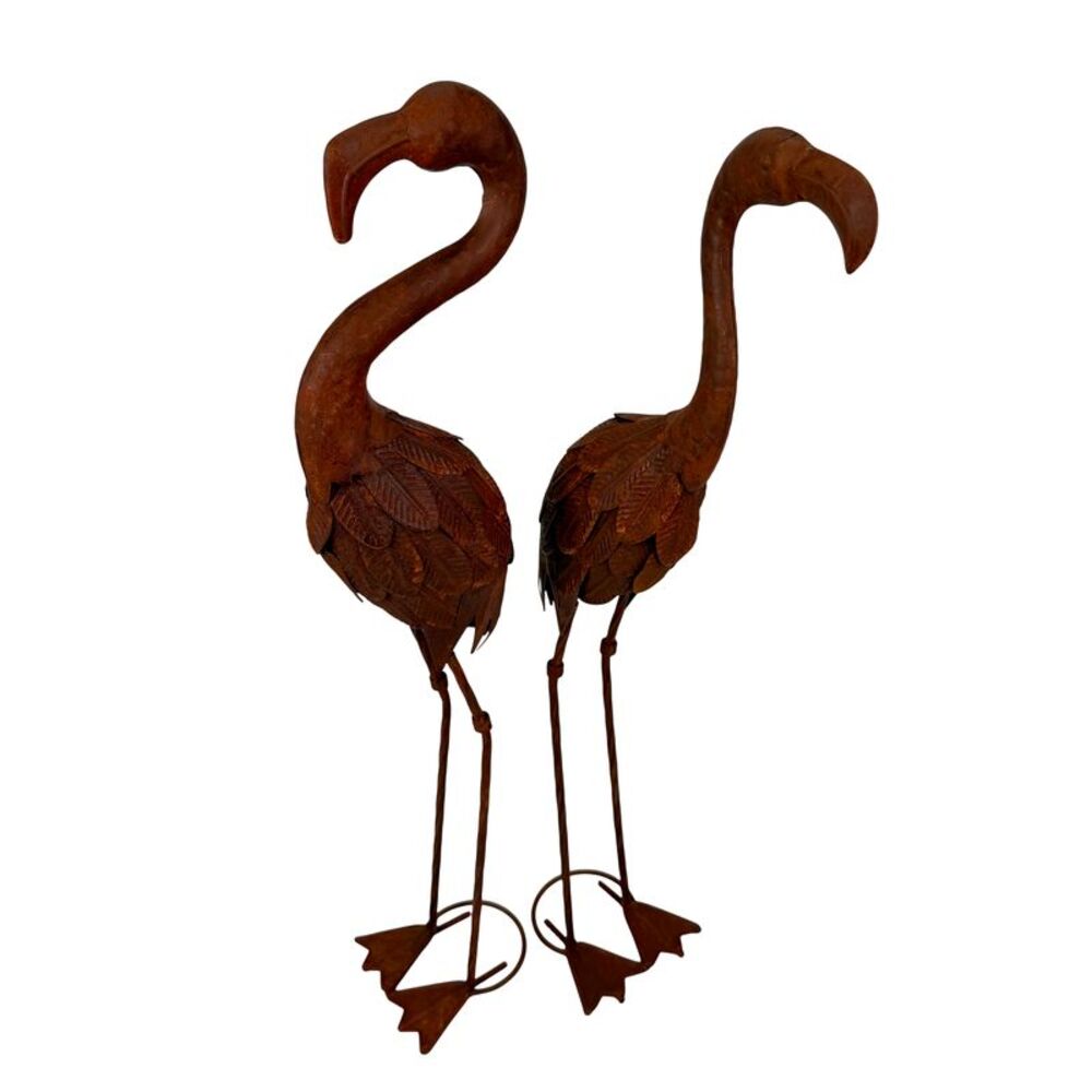 Rustic Metal Flamingo Garden Statues Set of 2 26.5 Inch Outdoor Yard Decor